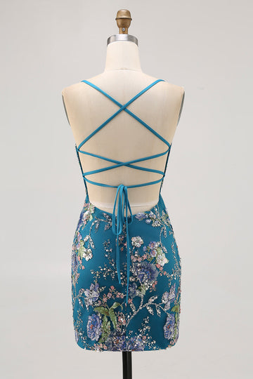 Sparkly Peacock Floral Beaded Short Bodycon Homecoming Dress with Sequin